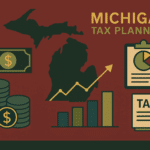 Michigan tax planning illustration with Michigan state map, financial icons, and Redwood Wealth Management color palette.