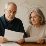 Mature couple reviewing financial documents at a table with subtle Michigan map imagery in the background, representing trusted guidance from the best retirement income planning firms in Michigan.